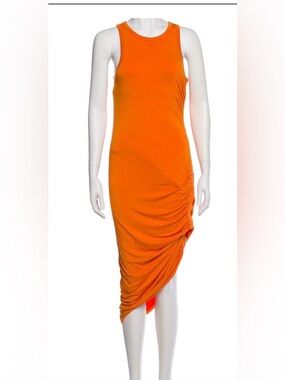 Veronica Beard Orange Asymmetrical Ruched Tank Midi Dress